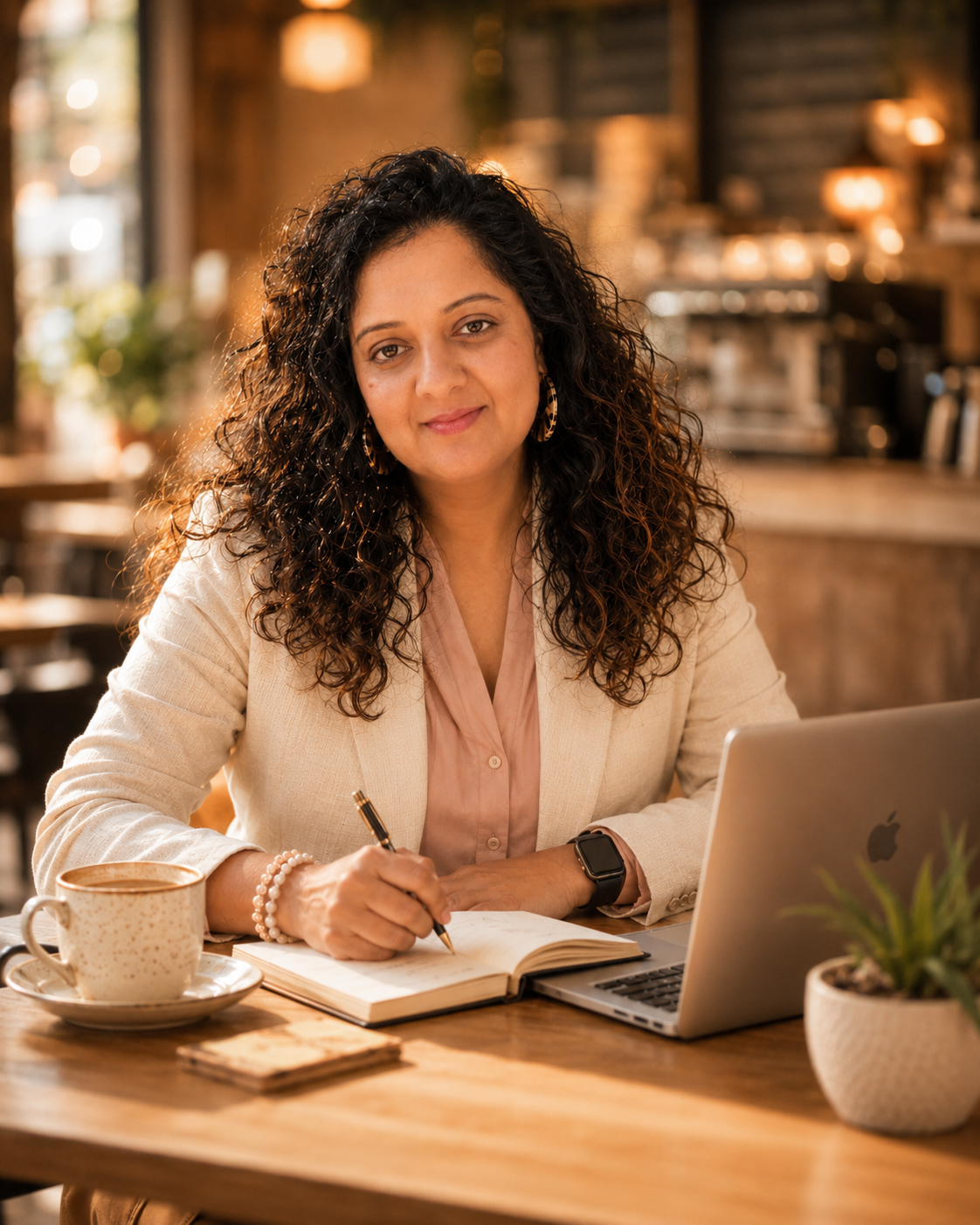 Vineti writing in a notebook at a warm cafe table